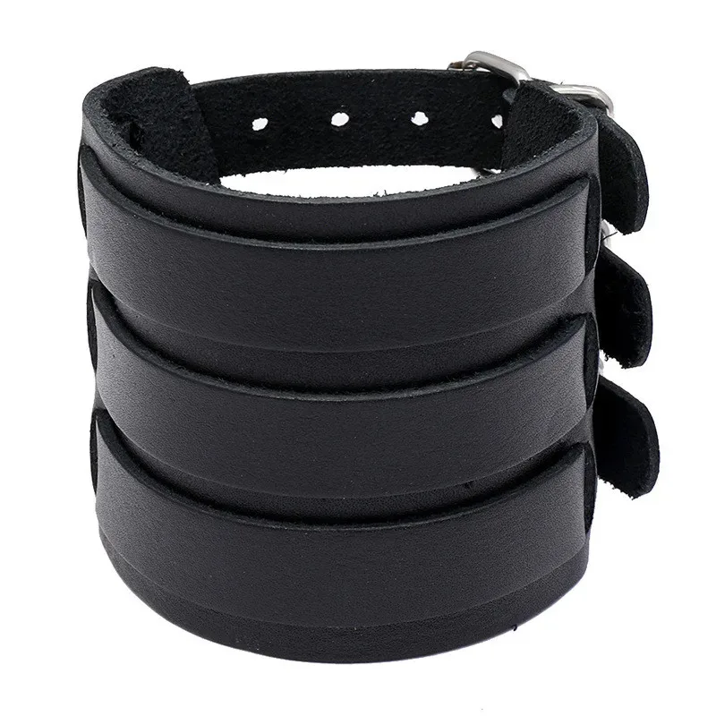

Found Form 2025 New Fashion Genuine Leather Wide Cuff Bangles Punk Vintage Three Layers Wide Black Brown Men Jewelry Bracelets