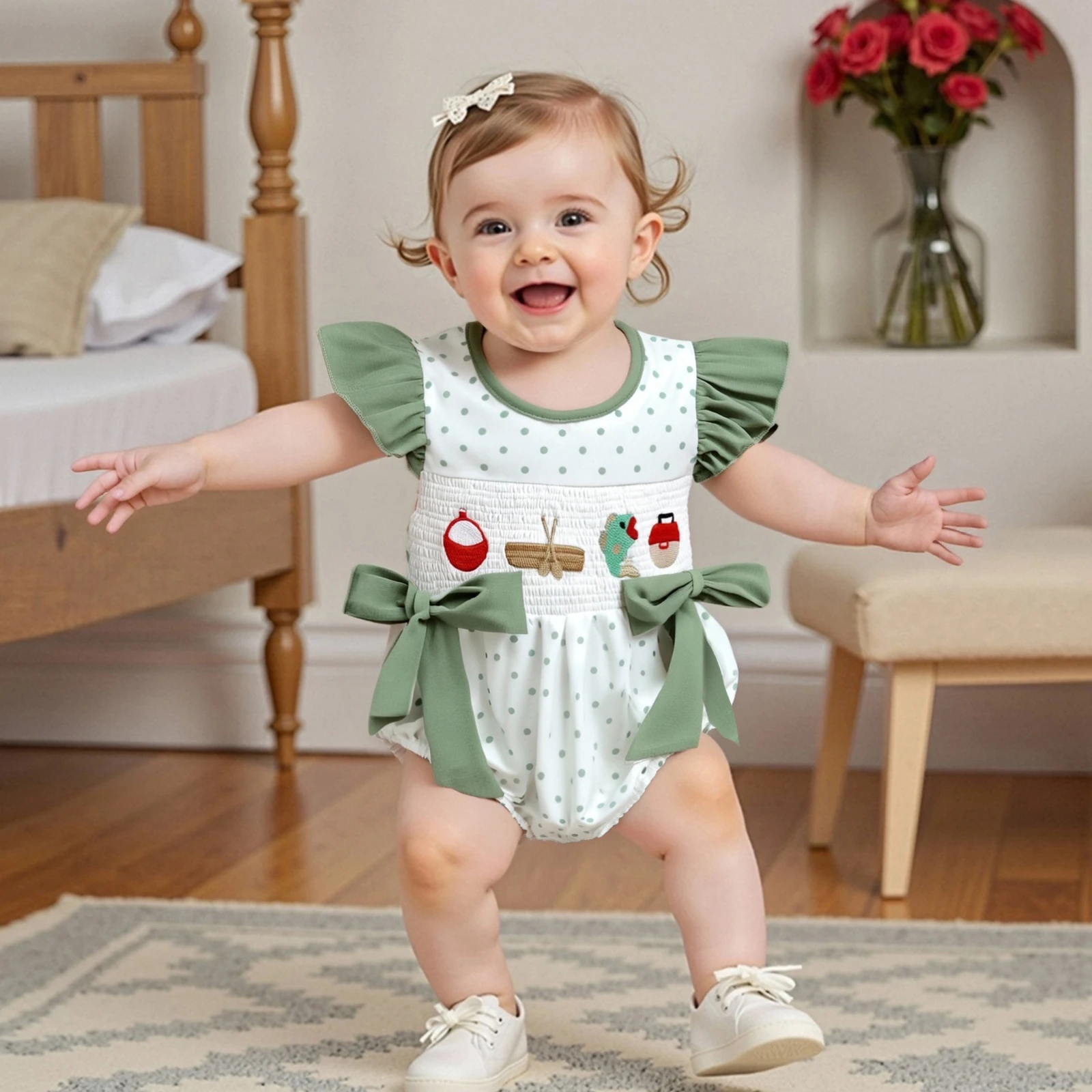 Newborn Baby Girl Fishing Outfit Fish Smocked Bubble Romper Dot Print Ruffle Bodysuit Infant Summer Bodysuits Clothes