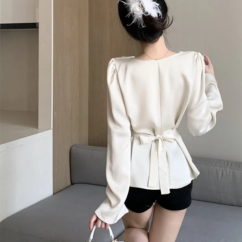 Apricot Long Sleeve Shirts Women Pile Collar Pure Color French Vintage Graceful All-match Tops Famous Lady Aesthetic Loose Ins