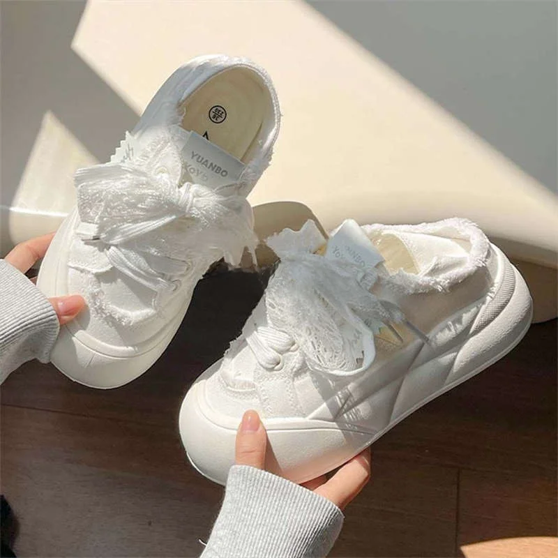 

Women's Thick Bottom Sneakers with Skirt Bow Tie Bread Shoe Spring Autumn New Korean Style Student Canvas Shoes Low Top round...