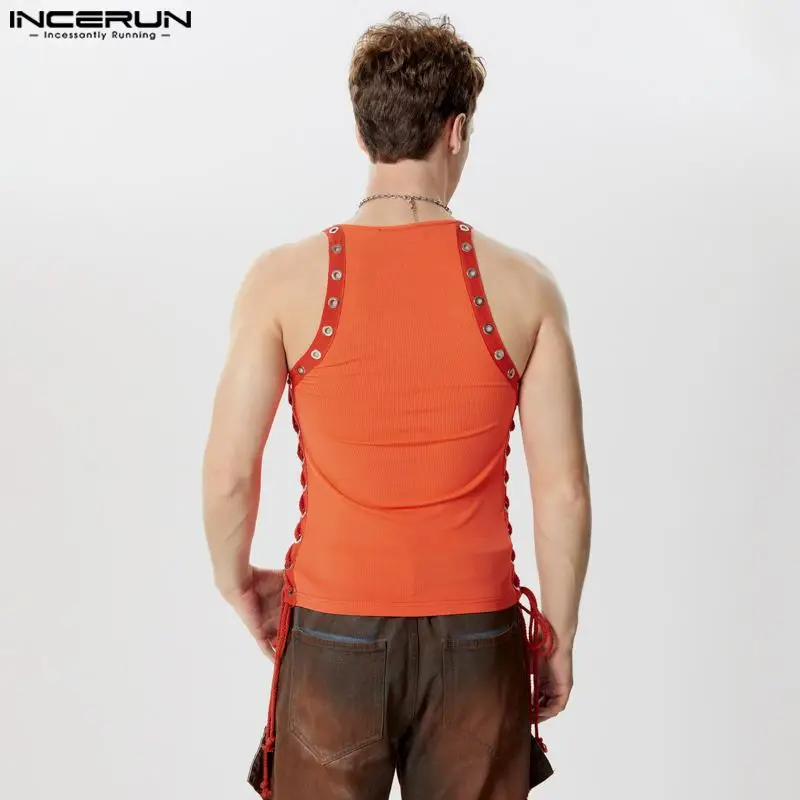 INCERUN Men Tank Tops Patchwork Lace Up O-neck Sleeveless Vests Summer Fitness Streetwear 2024 Hollow Out Fashion Men Clothing