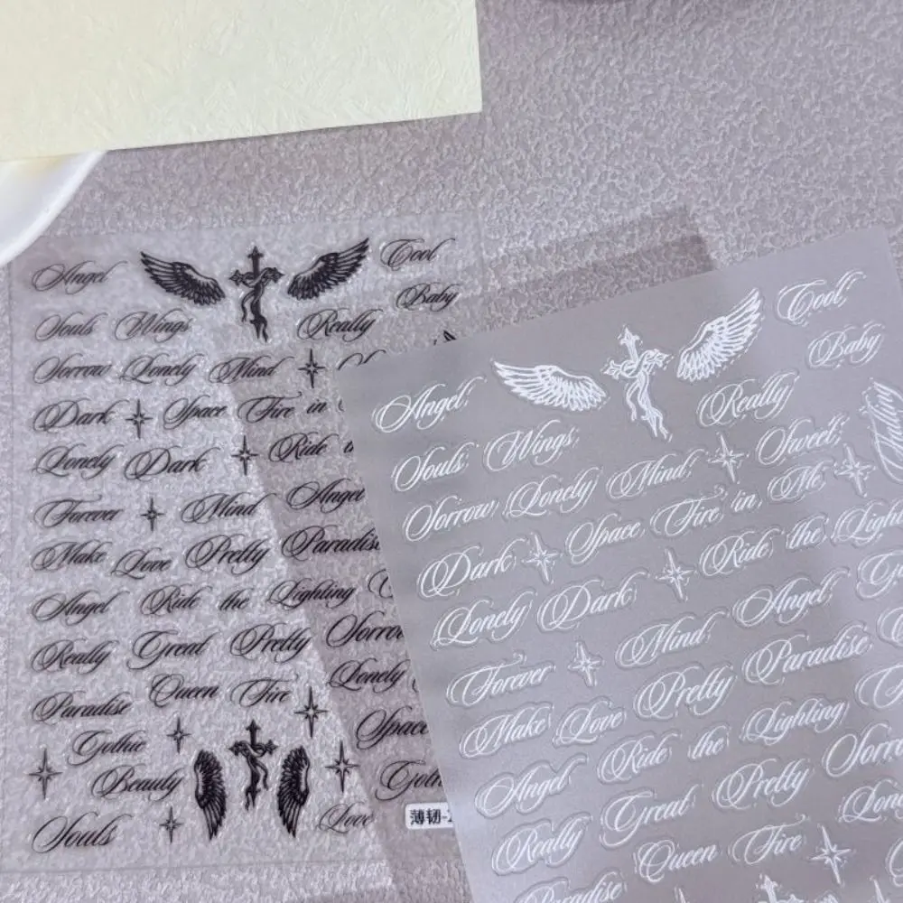 Black White Wing Nail Art Stickers Self-Adhesive Thin Letter Words Nail Decals Holographic Nail Decorative Stickers