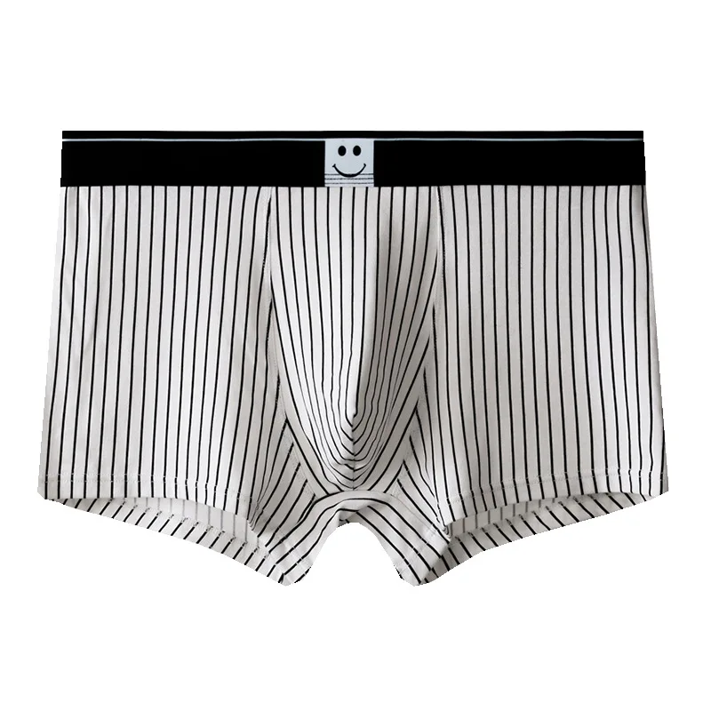 Herren Baumwoll-Boxershorts Gestreift Atmungsaktiv Bequem Locker Sitzend Lässige Unterwäsche mit Smiley-Bund