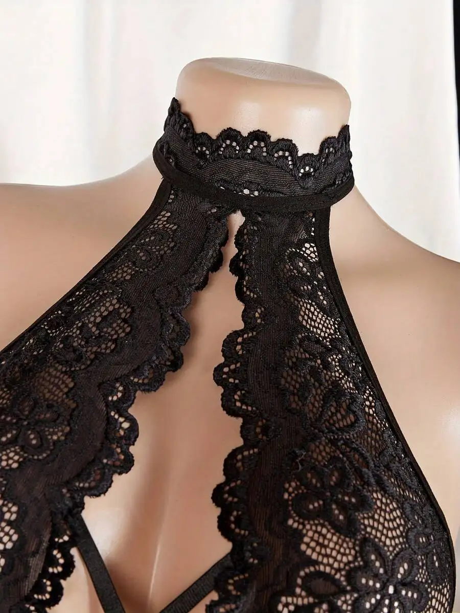

Black Floral Lace Halter Neck Bodysuit With Hollow Out Cross Design Backless Lingerie
