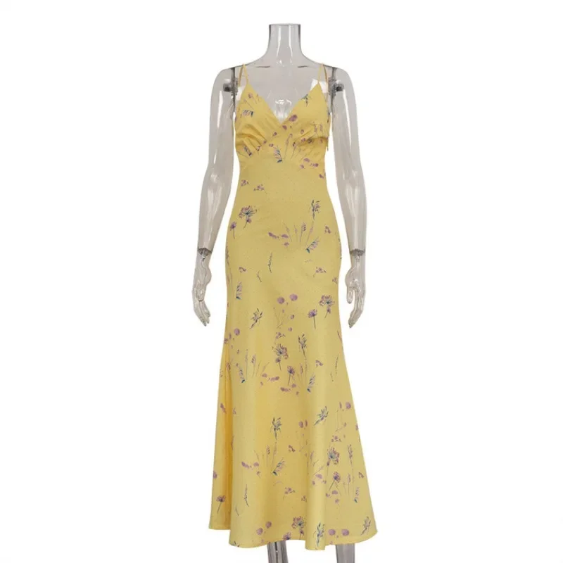 

New Women Spaghetti Strap Long Dress Sexy Sleeveless Backless Robe Deep V Printed Long Dress High Waist Party Resort Dress
