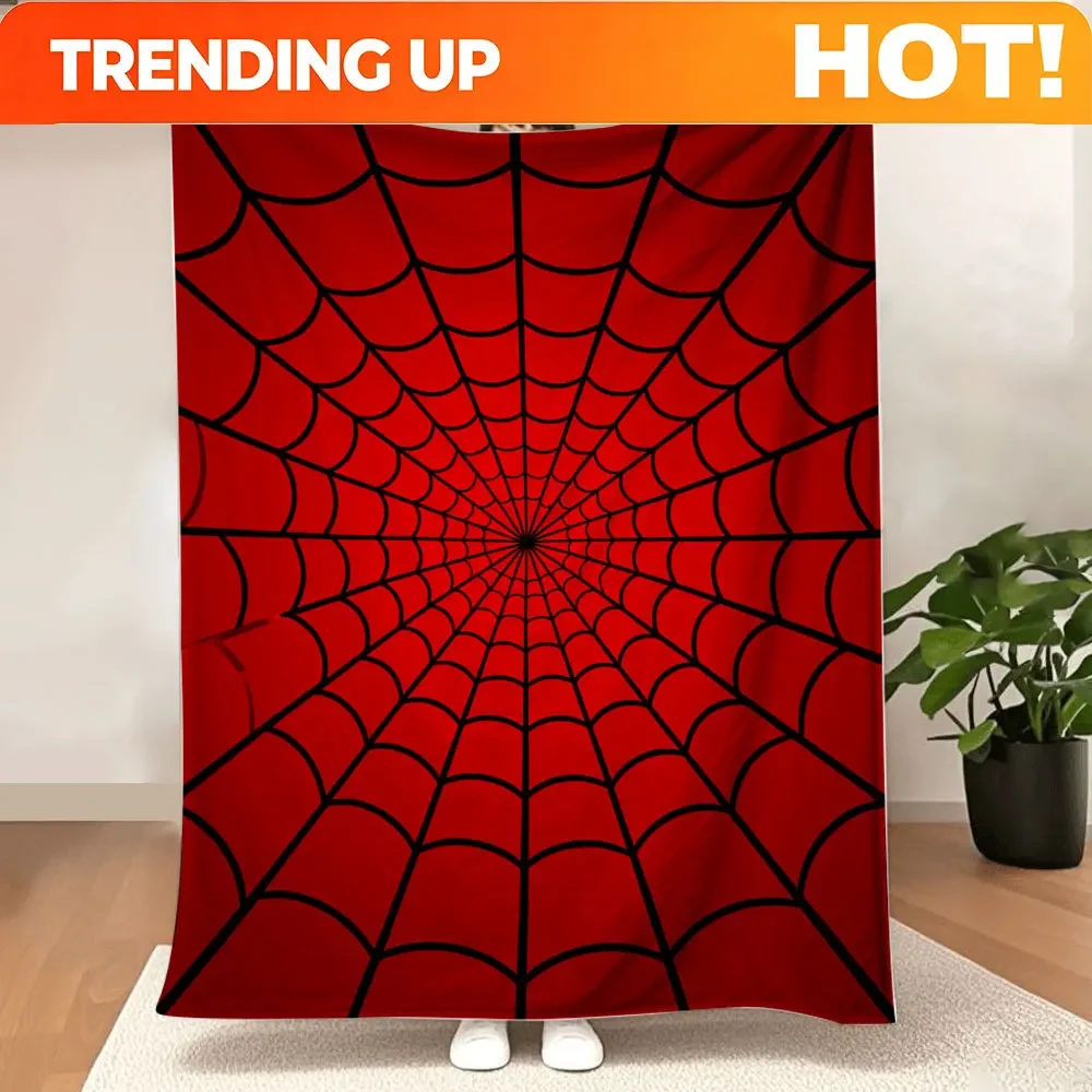 Customization Red Spider Web Pattern Blanket - Symmetrical Stylized Design With Black Arched Lines On Solid Red Background, Perf