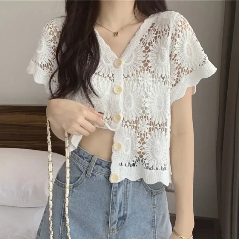 Shawl Knitted Cardigan Women\'s Summer Short Sleeved Thin Top with Skirt Blouse Vintage Clothes for Women Tops Shirts Blouses