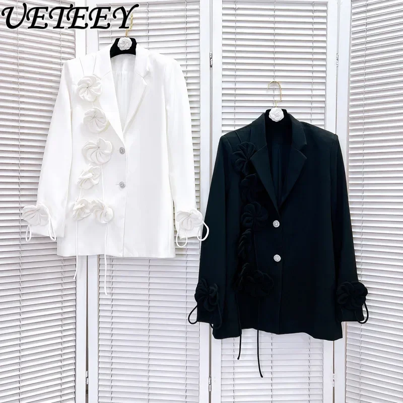 Heavy Industry Design Thin Rhinestone Black Blazer Coat 2024 Autumn New French Three-dimensional Flower Loose Suit Jacket Women