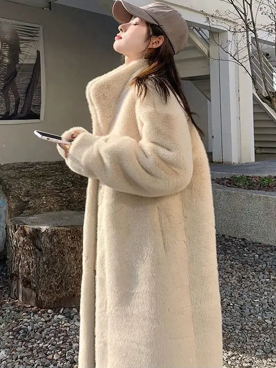 Casaco Feminino de Pele Ecológica de Coelho Aquático com Gola Longa, Veludo de Mink, Quente, Cor Pura, Casual