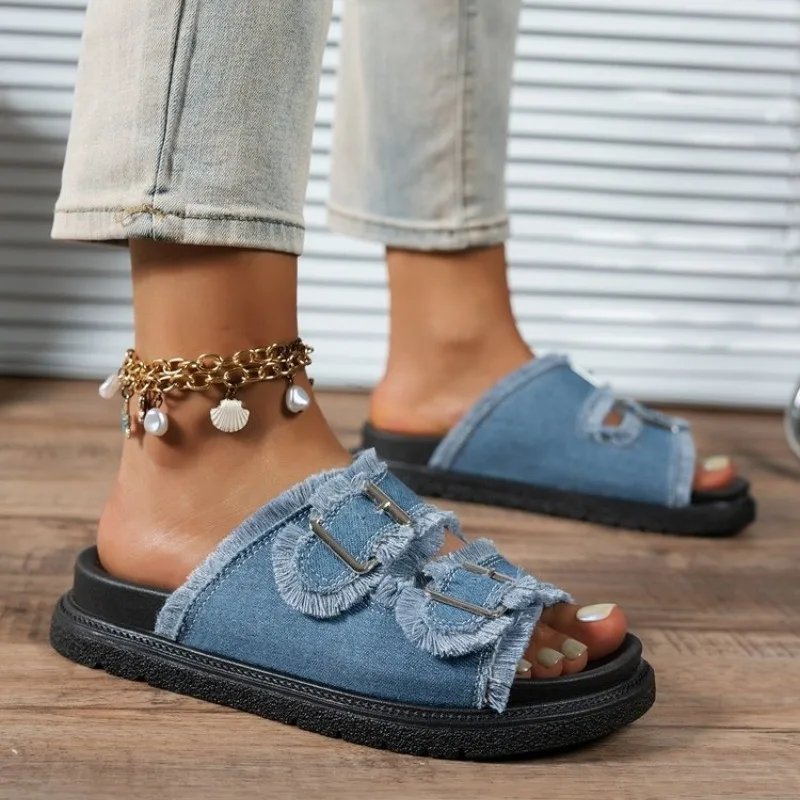 Fabric Slide Sandals for Women, Double Strap with Silver Buckles, Chunky Platform Sole with Fringed Edge, Casual Summer Slides