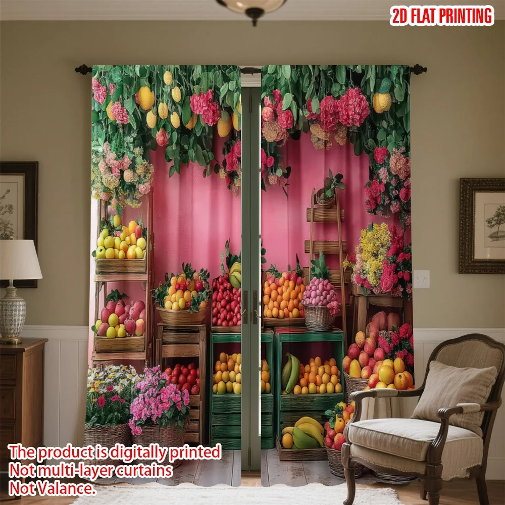 

2D flat printing 2pcs Window Drapes Colorful Fruits and Flowers Digital Printed Polyester Drapes Family Party for Holiday
