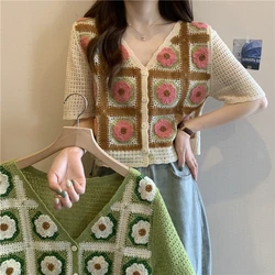 Boring Honey Flower Embroidery Wavy-Edge Summer Clothes For Women Hollow Out V-Neck T-Shirt Single-Breasted Short Sleeves Tops