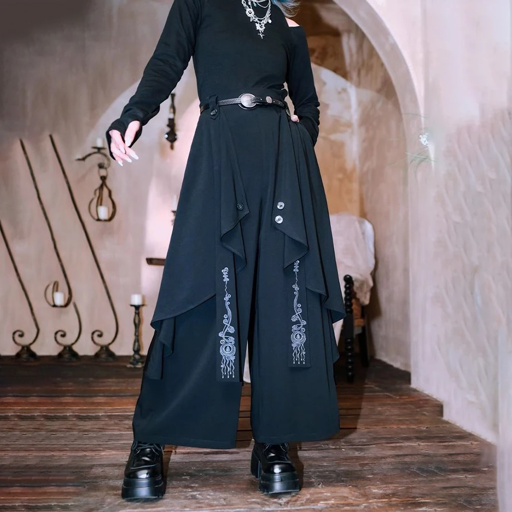 Dark Gothic Embroidered Ribbon Layered Irregular Skirt Pants Genderless Streetwear Y2k Japanese Hakama Samurai Pants Unisex 2024