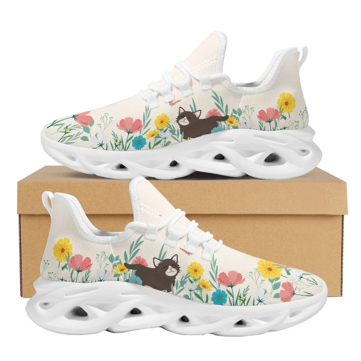 Cute Cat Flower Cartoon Print Ladies Flat Shoes Spring Autumn Outdoor Travel Walking Footwear Casual Durable Non-Slip Sneakers