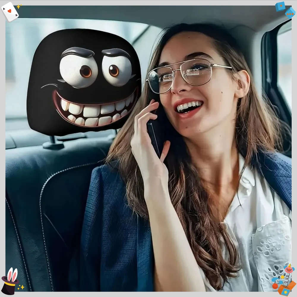 2 قطعة وجه مبتسم مطبوعة سيارة المخدة لينة مريحة غطاء الوسادة الزخرفية السيارات مسند الرأس بالمقعد قابل للغسل البوليستر النسيج #5
