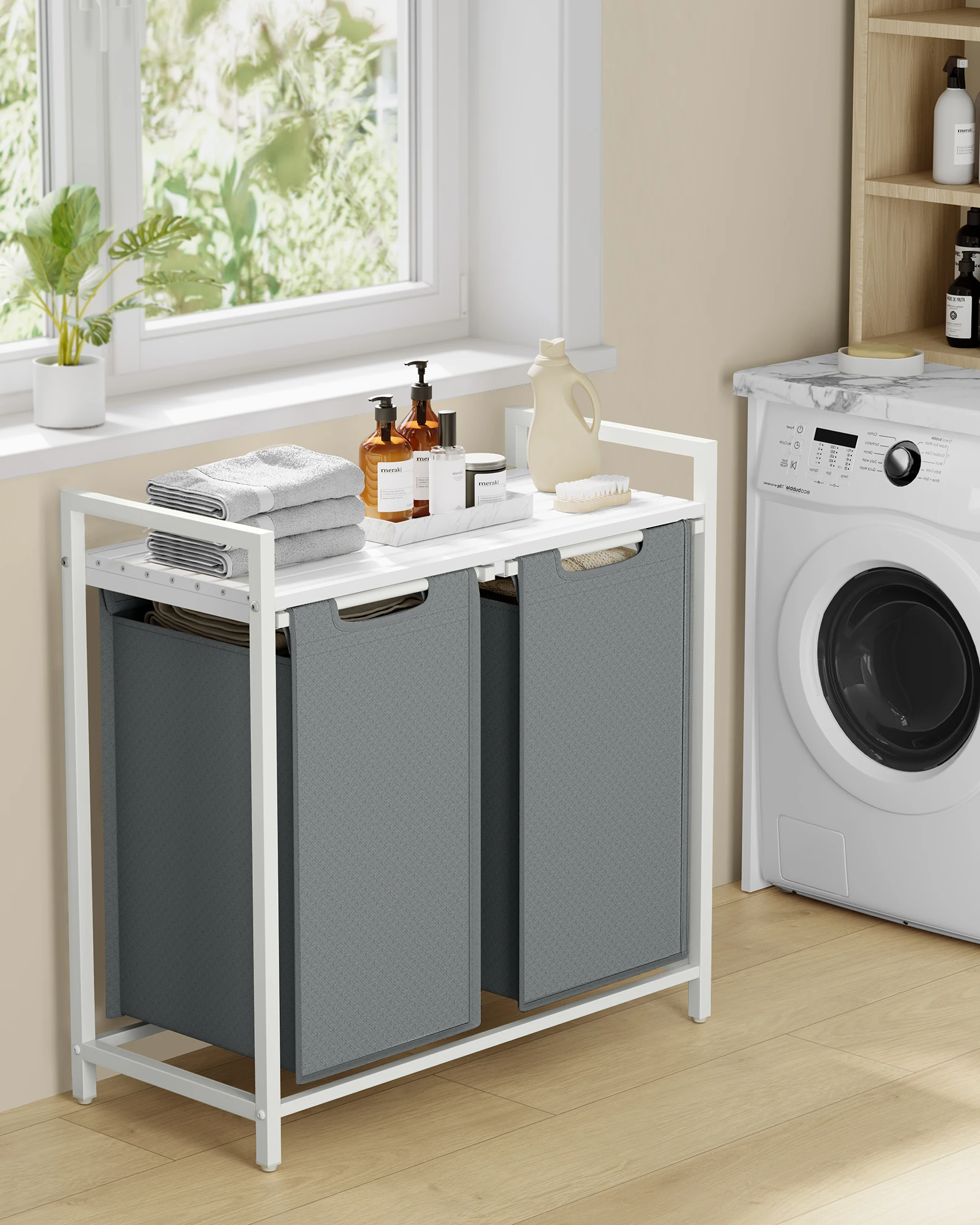 VASAGLE wasmand 2-handventilator Wasverzamelaar met opbergruimte, wasbox, waszak van Oxford-stof Uitschuifbaar afneembaar metalen frame - afbeelding 1