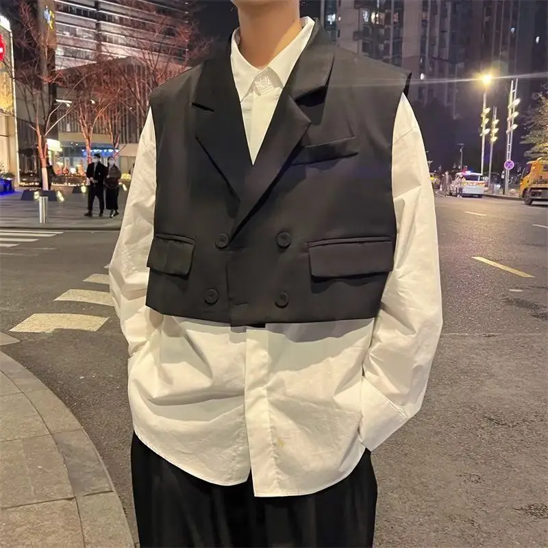 

Весенне-осенний костюм, жилет, дизайн, искусственная рубашка из двух предметов, красивая повседневная свободная японская рубашка с длинным рукавом для мужчин