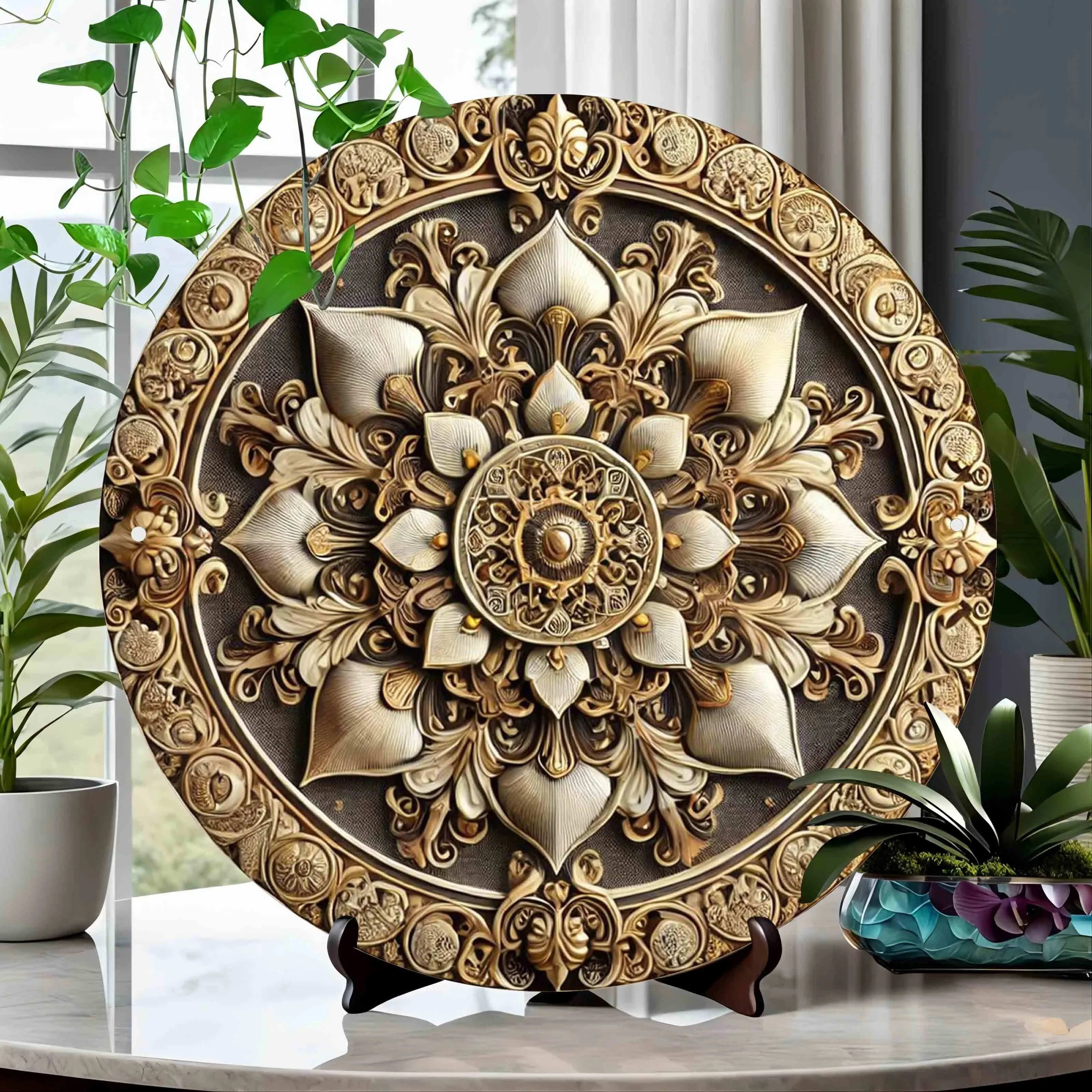 Luksusowa mandala na ścianę - Okrągłe dzieło sztuki z grawerowaną folią aluminiową do dekoracji domu, sypialni, salonu, kawiarni.