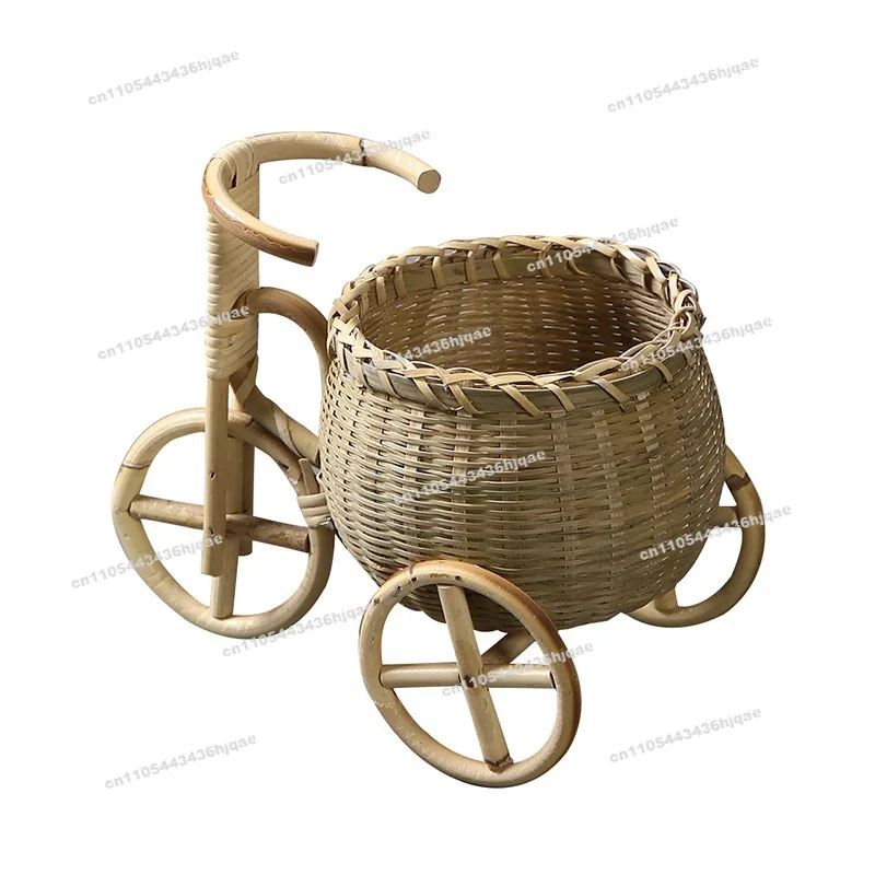 Handmade Bamboo Woven Basket Tricycle Small Ornament Shelf Basket Household Hot Pot Shop Creative Dried  Snack Storage Basket