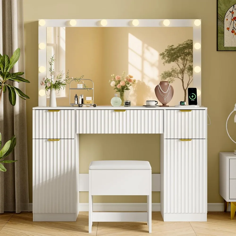 

Vanity Desk with Large 42 Mirror and Lights, White Fluted Makeup Table Set with Storage Drawers, Power Outlet & Stool