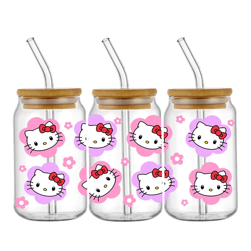 Miniso Hello Kitty Melody Kuromi 16OZ UV DTF Cup Wraps Naklejka transferowa do szklanej puszki Libbey Butelka Zmywalna DIY Niestandardowe