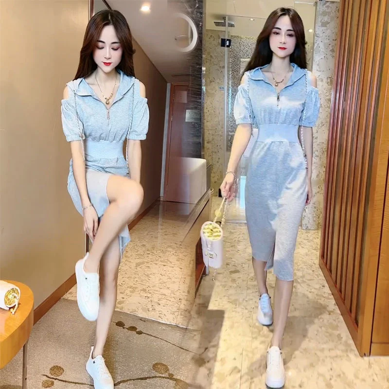 Women's Casual Fashion Hooded Dress Elegant Summer New Short Sleeve Off Shoulder And Knee Length Closed Waist Dresses Brazil