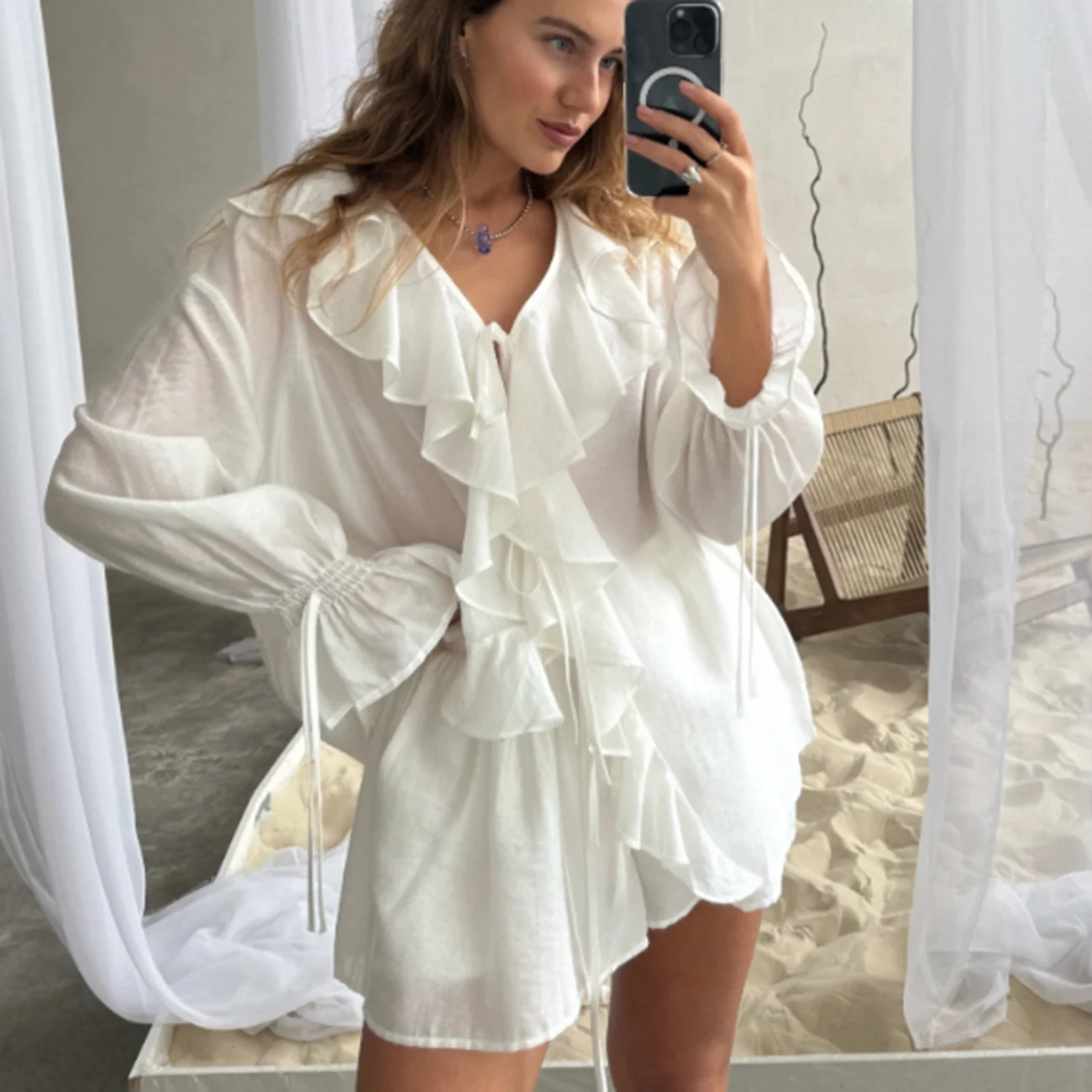 

WXOY Oversized Ruffled Tie Front Beach Cover Up Dress Women Long Sleeve V Neck Loose Mini Sundress