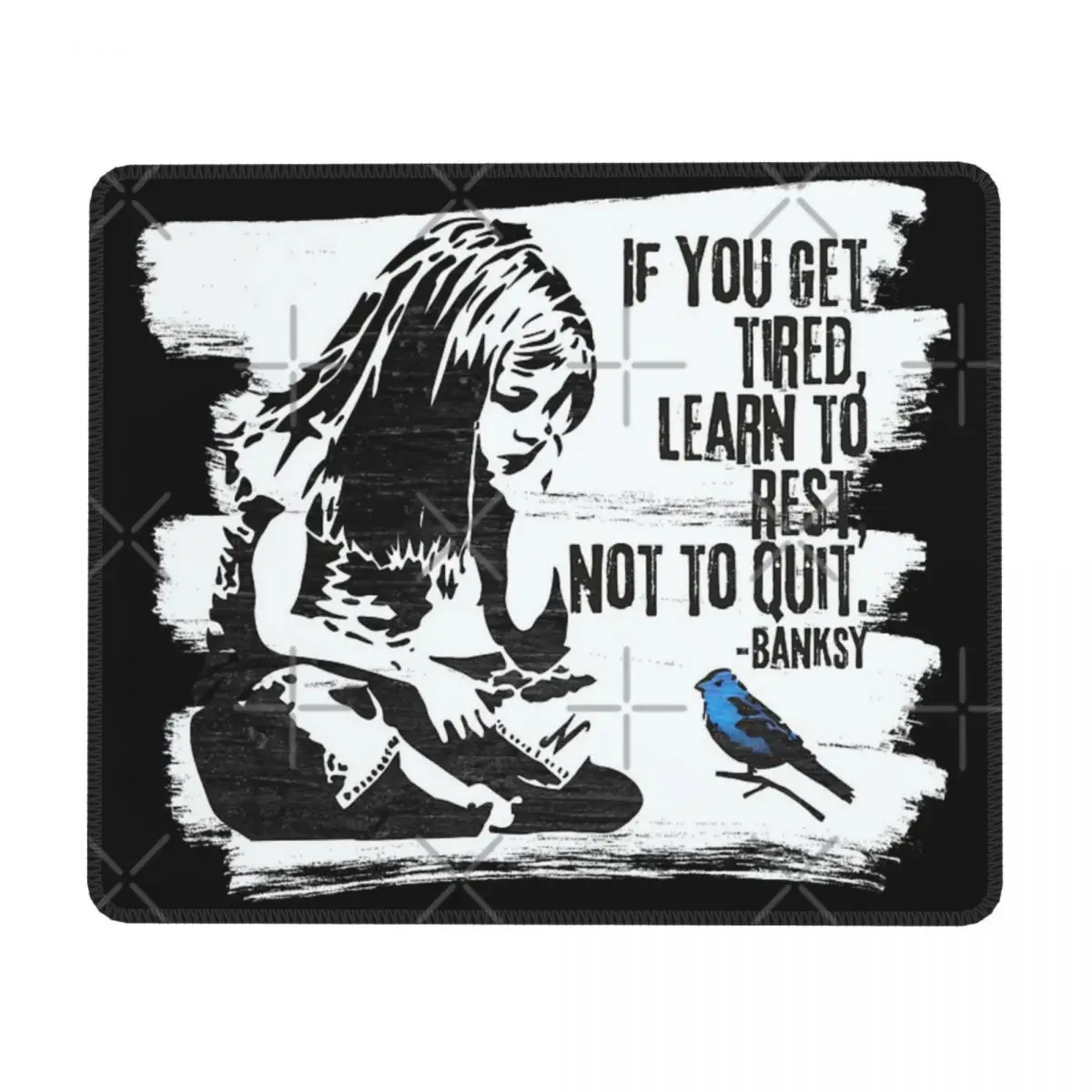 Banksy Inspired Girl Sitting Looking At A Blue Bird Rubber Keyboard Pads