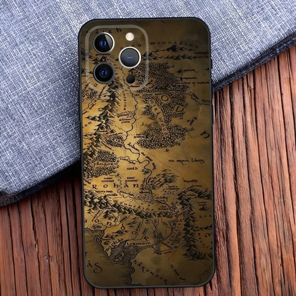 The L-Lord of the R-Rings Map Phone Case For iPhone 16,15,14,13,12,11,Pro,X,XS,Max,XR,Plus,Mini Soft Black Cover