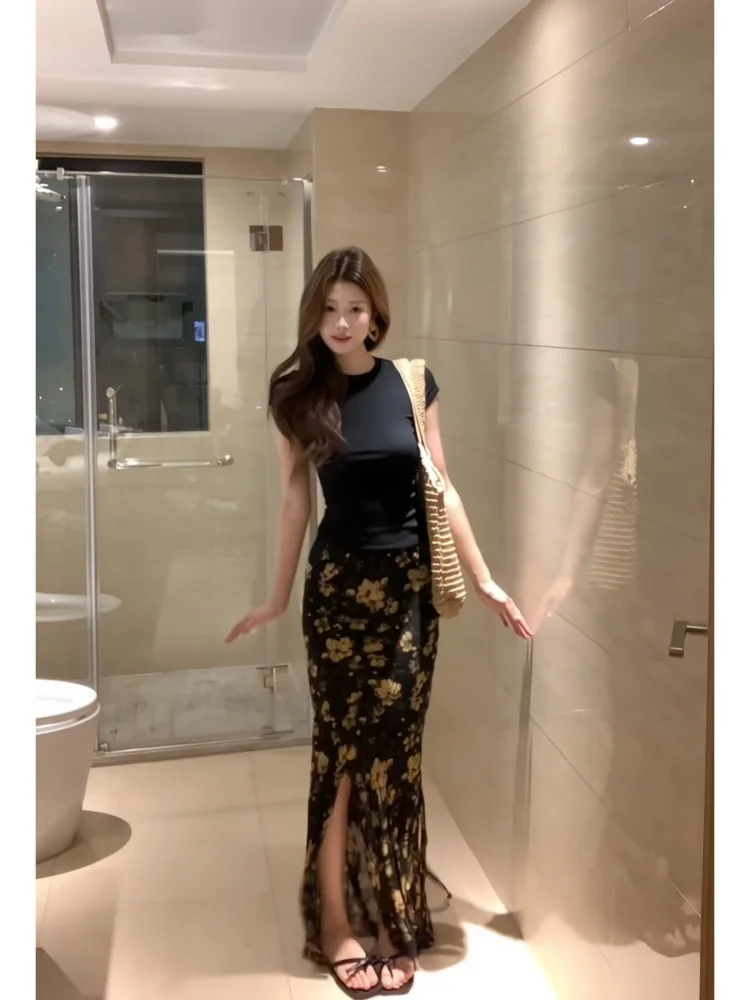 

Корейская асимметричная юбка макси с цветочным принтом, женская модная весенняя новинка, стройнящая длинная юбка, трендовая повседневная юбка