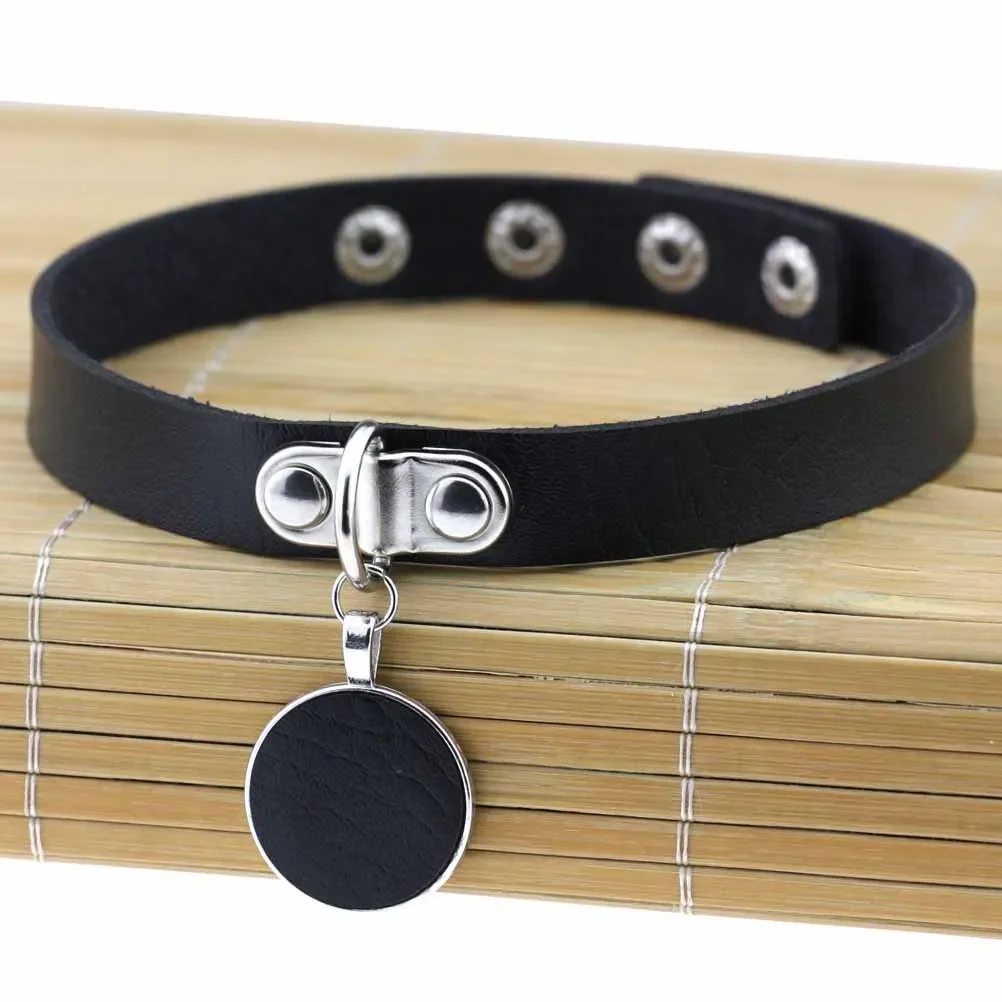 Punk Harajuku Gothic Rock and roll Circle Pendant necklace Stainless steel Leather Multicolored Simple Original design