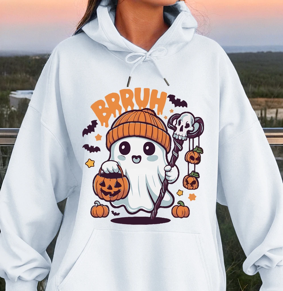 

Halloween Ghost Brruh Print Sweatshirts Female Fashion Soft Hoodie Oversize Fleece Sweatshirts Loose Casual Warm Streetwear