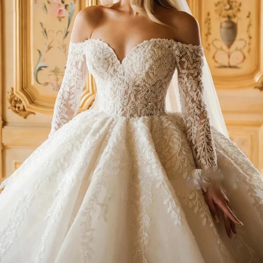 New Customized Beauty Beading Pearls Wedding dress Off Shoulder Long Sleeves Sparking Lace Bride Dress luxurious Women