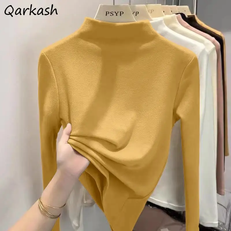 Long Sleeve T-shirts Women Plus Velvet Tops Warm Soft Solid Fashion Simple Female Leisure Mock-neck Slim Ladies Autumn Winter