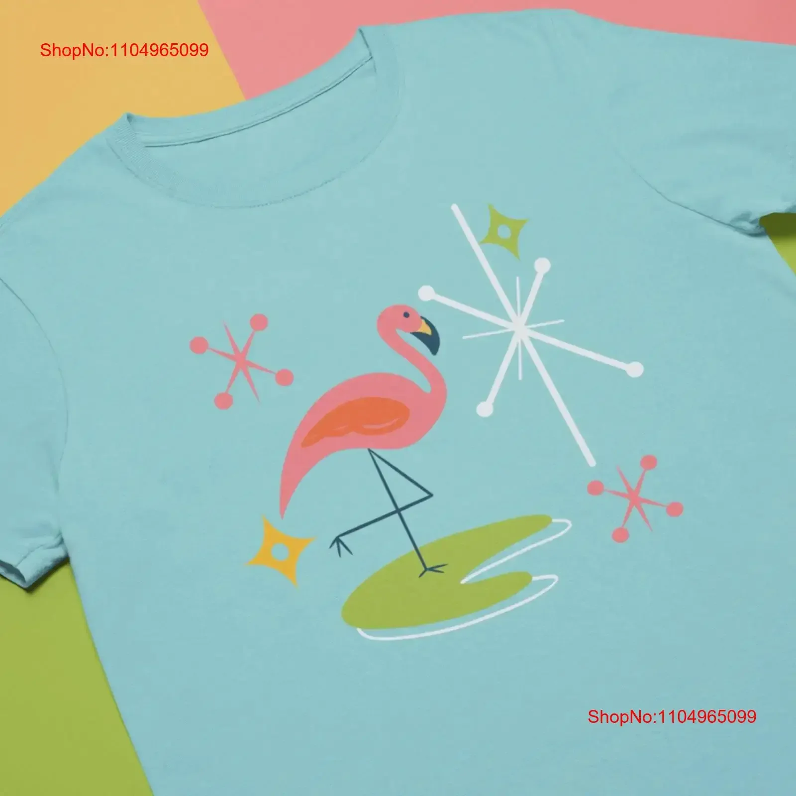 

Mid Century Modern Pink Flamingo with Retro Icons Short sleeve unisex T Shirt vintage Washed Stretched Stylish Unisex Versatile