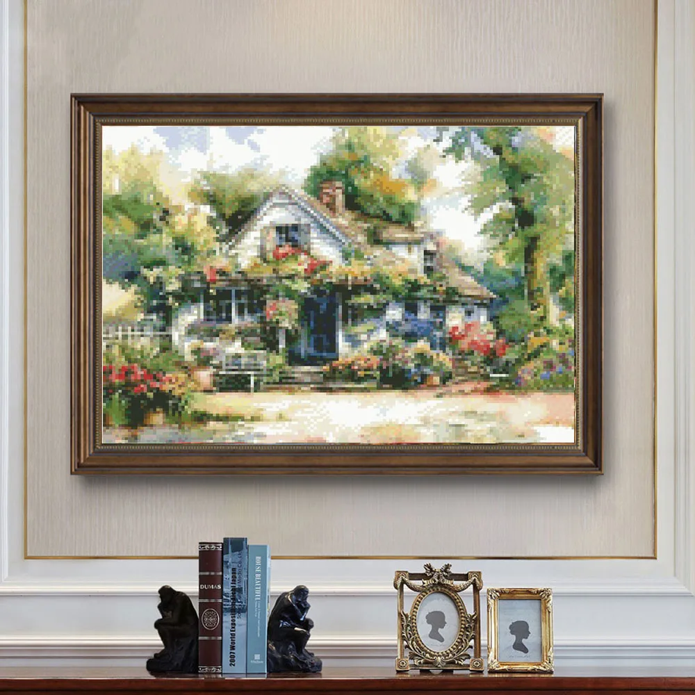 Cross Stitch Embroidery Kit Country Villa Building Landscape Thread Drawing DIY Needlework Kit Decorate Printed on Canvas 11CT