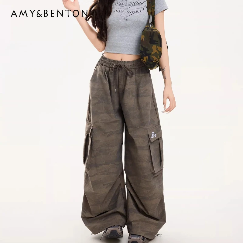 

American Design Casual Multi-pocket Tooling Women's Wide-leg Pants 2026 Spring New Elastic Waist Loose Versatile Trousers Ladies