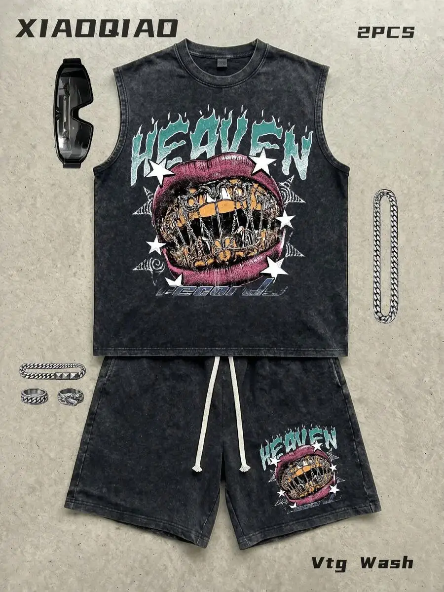 

2 Piece Vintage Wash Tank Top And Drawstring Shorts Set Gothic Punk Streetwear For Men