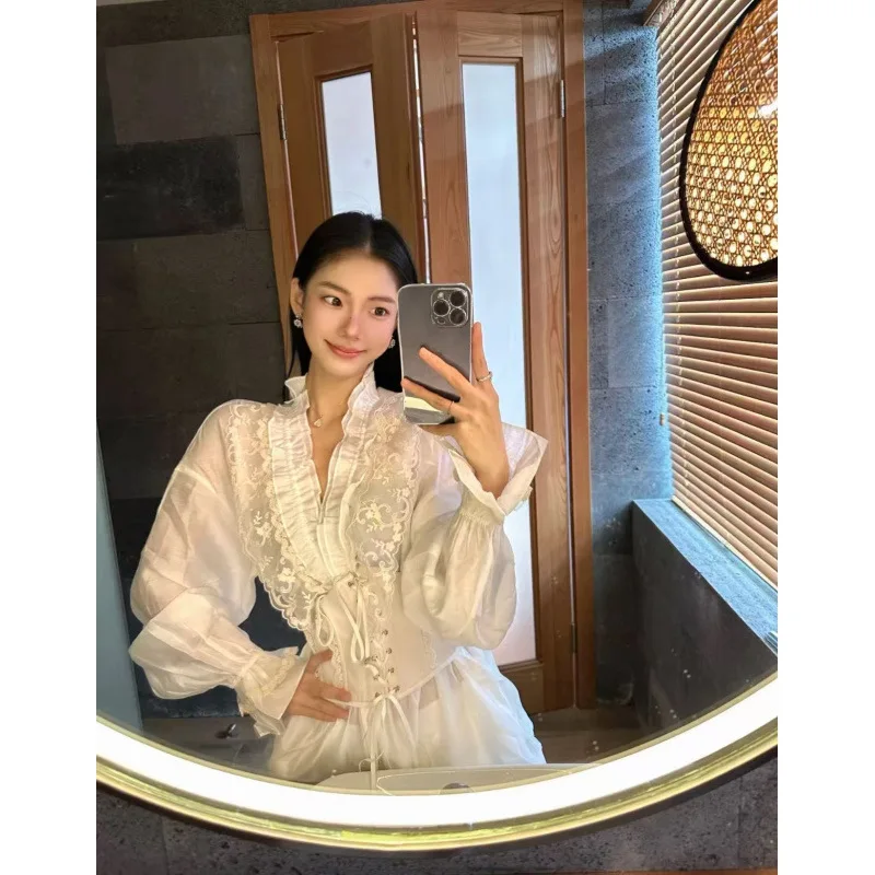 

Autumn New Style Women's Shirt Waist Belt Set Straight Tube Long Sleeve Versatile Cotton Flared Sleeve Shirt