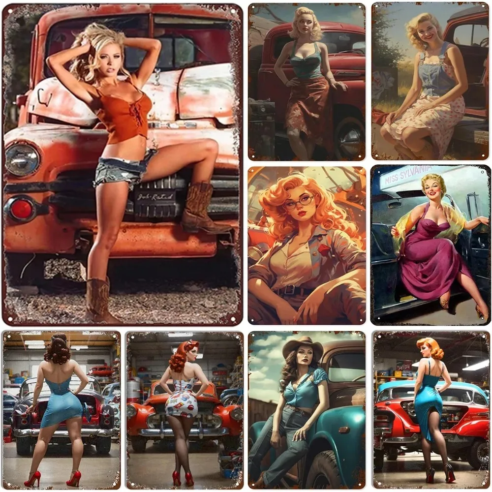Metall-Blechschilder Pin-up Girls Wanddekoration Vintage Kunstposter Eisenmalerei für Männerhöhle Zuhause Café Garage Club Bar