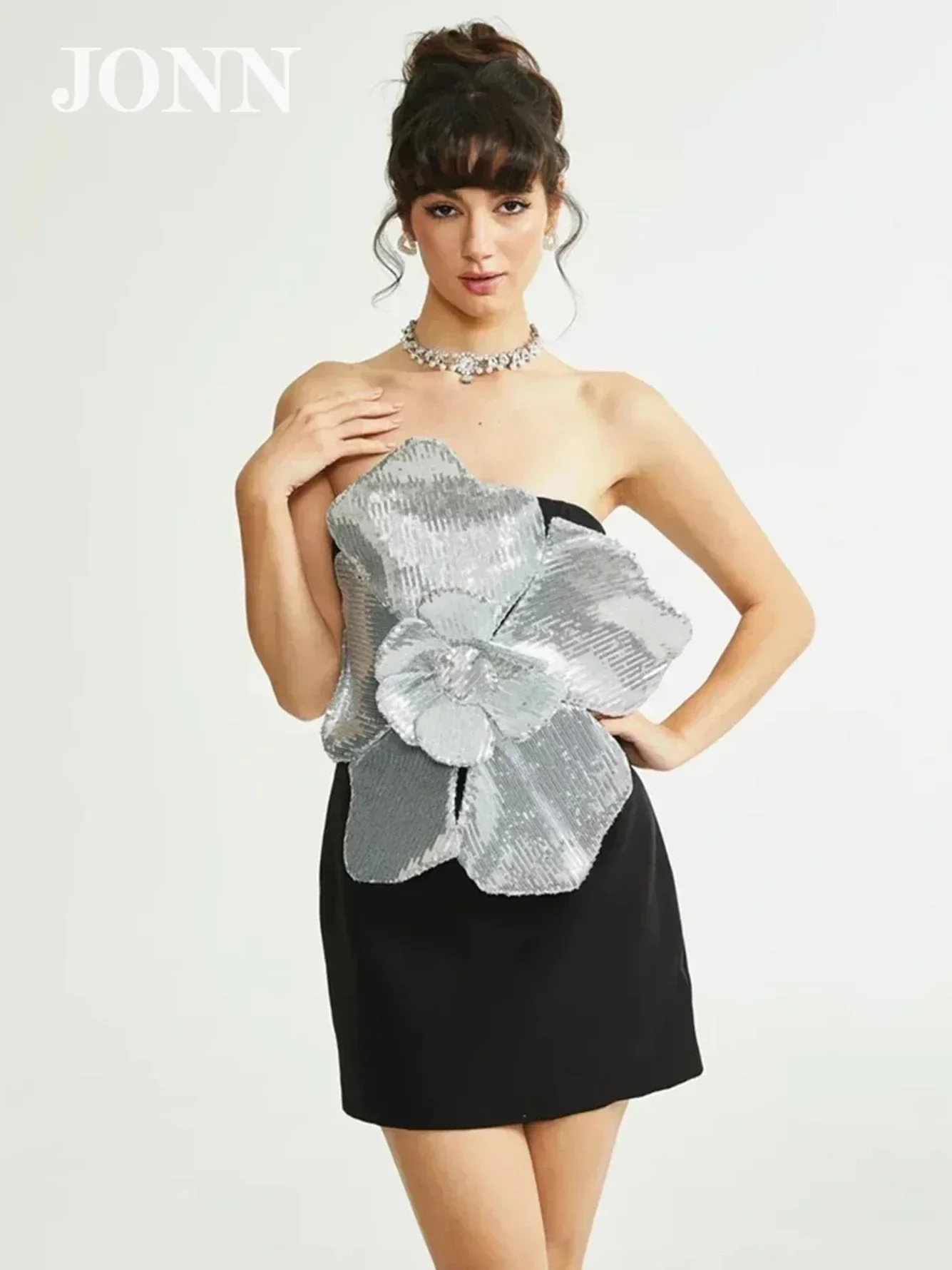 

JONN High Quality 2024 Summer New Women's Black Mini Dress Sexy Strapless Backless Sequins 3D Flower Celebrity Party Vestidos