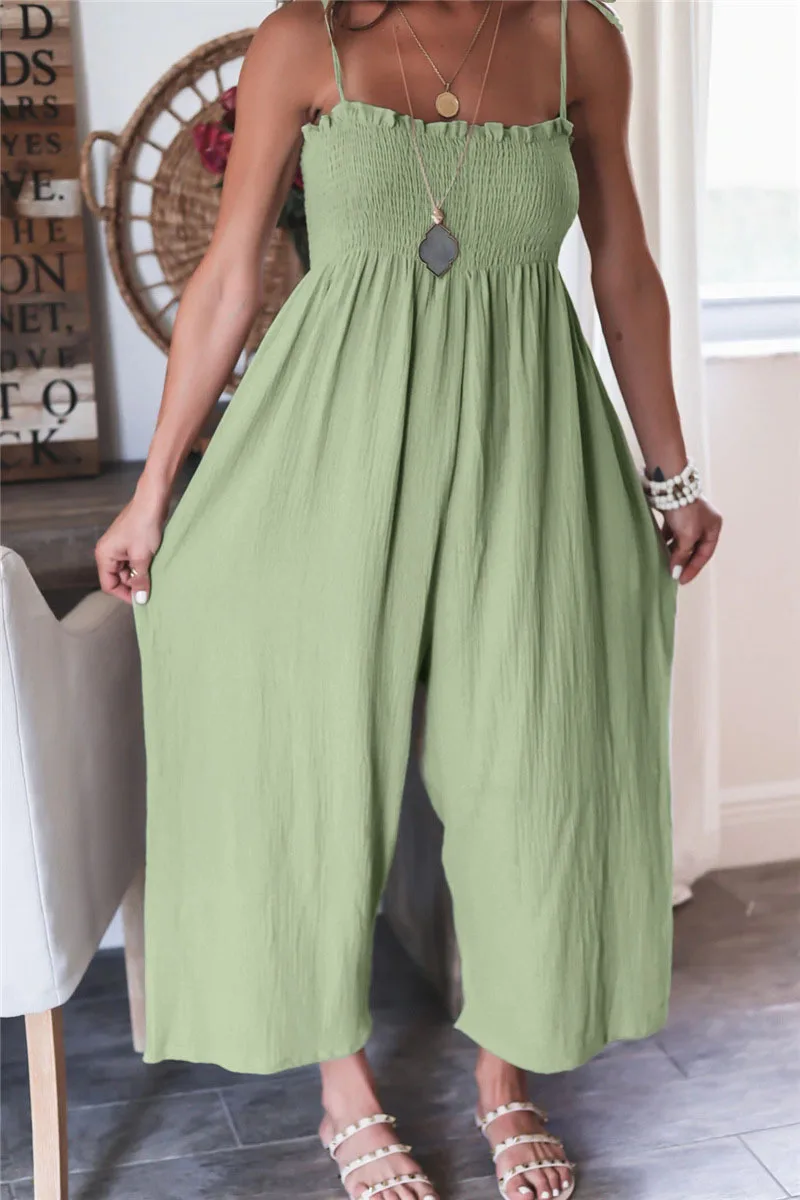 Summer Women\'s Linen High Waist Solid Color Sleeveless Ruched Jumpsuit Sexy Sling Lace Up Ruffles Wide Leg Pants Rompers