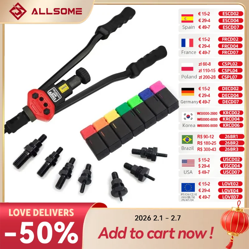 Allsome BT-607 16 "manual rebitador arma mão rebite kit ferramenta de ajuste porca rebite ferramenta setter porca m3/m4/m5/m6/m8/m10/m12