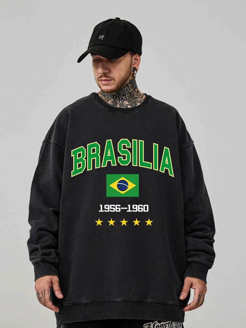 Oversize Womens Acid Wash Hoodie Brasilia Flag Of Brazil Prints Sweatshirts Fashion Warm Cotton Pullovers Couple Washed Clothes