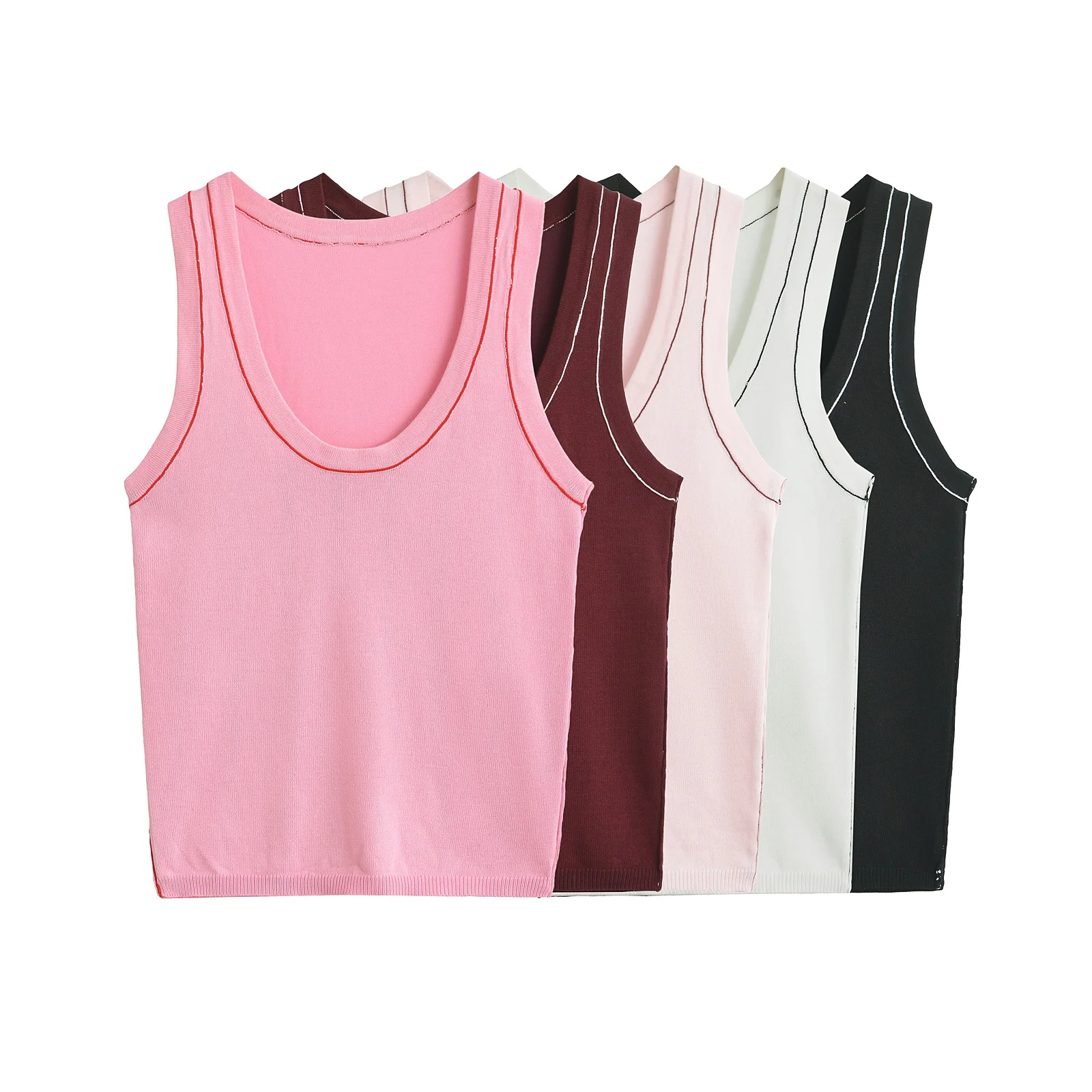 

2024 Summer New Women's Knitted Tank Top with Fashionable Reverse Stitch Design U-Neck Color Contrasting Edge Flat Needle Top
