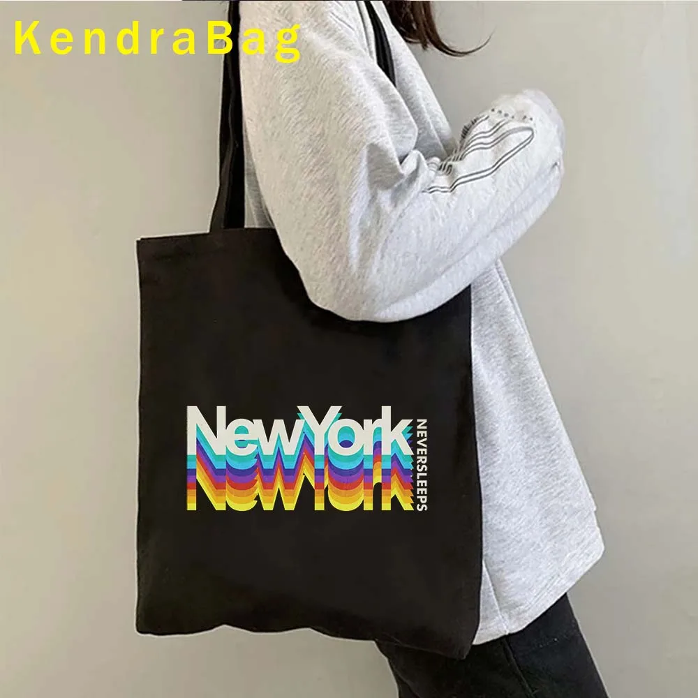 Retro Rainbow Letter Print BERLIN Bern LONDON NEW YORK NEVER SLEEPS Ottawa PARIS Vienna Canvas Totes Bag Cotton Shopper Handbags