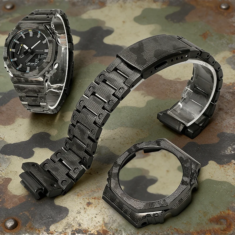 

GA2100 GM2100 Mod Kit Camouflage Style stainless steel Bezel with Rivet for Casioak G-SHOCK GBM2100 GA-B2100 metal Case&Strap