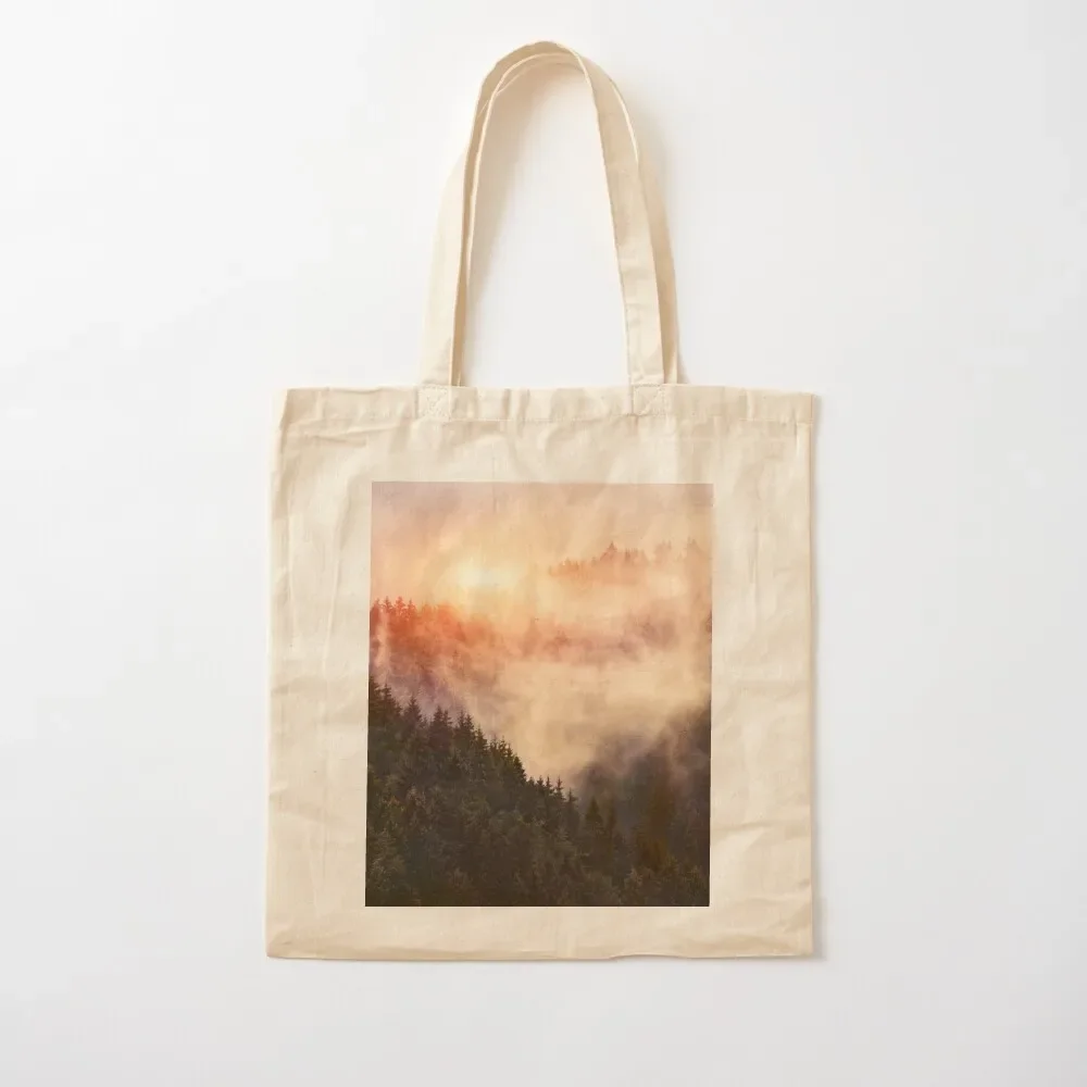 In My Other World // Sunrise In A Romantic Misty Foggy Autumn Fairytale Wilderness Forest With Trees Covered In Fog And Tote Bag