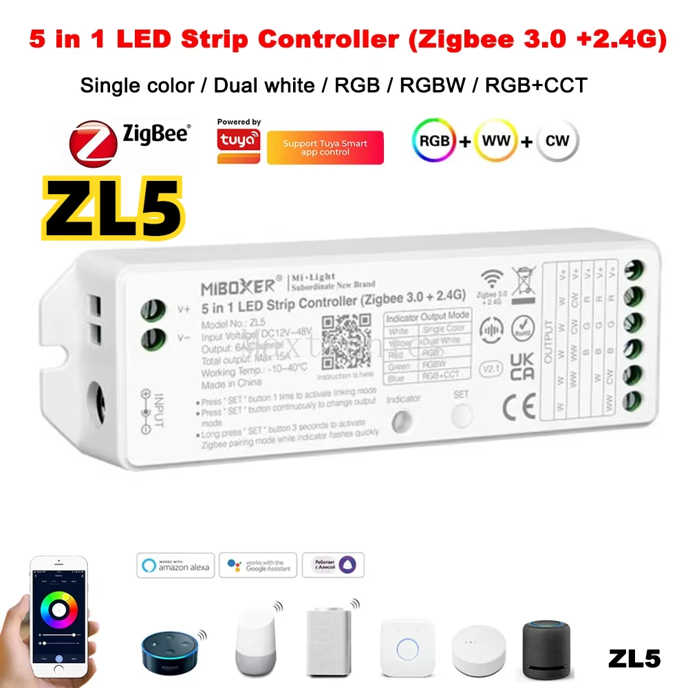 5IN1 Miboxer Zigbee3.0 + 2,4 ГГц RF контроллер WiFi приложение/TUYA/голосовое управление ZL5 для одноцветных/двухцветных RGB RGBW RGB + CCT светодиодных лент