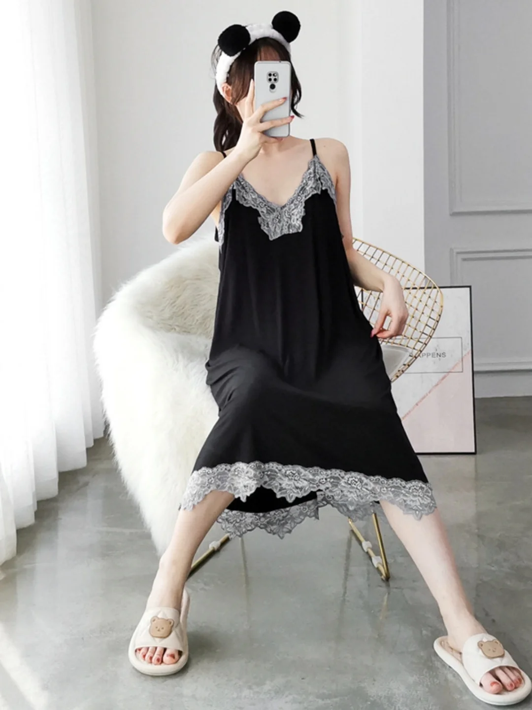 

Sweet Sexy Lace Patchwork Strap Sleep Dress Loose Mid-Length Sleeveless V-Neck Summer Home Clothes for Young Women